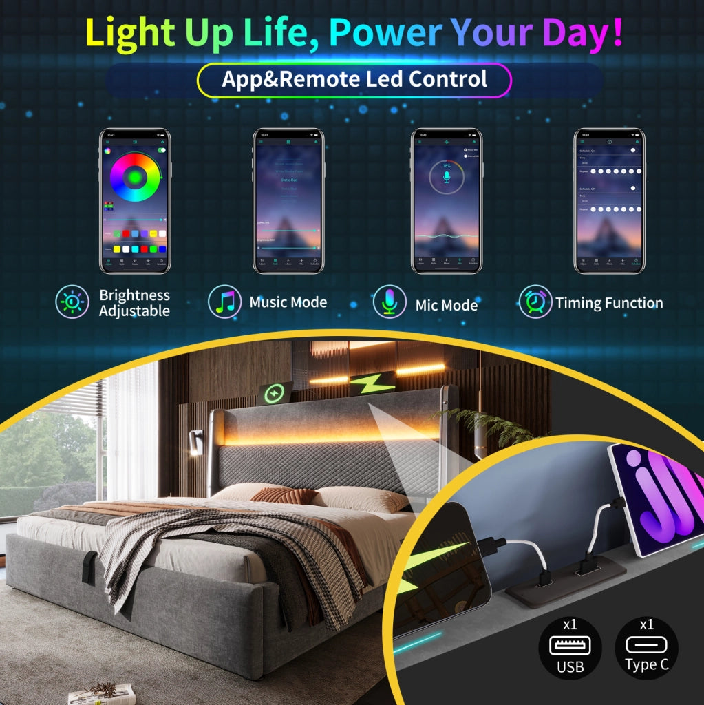 Letto contenitore ULEVR 180x200 cm con LED, USB e Type-C, testiera alta in lino grigio