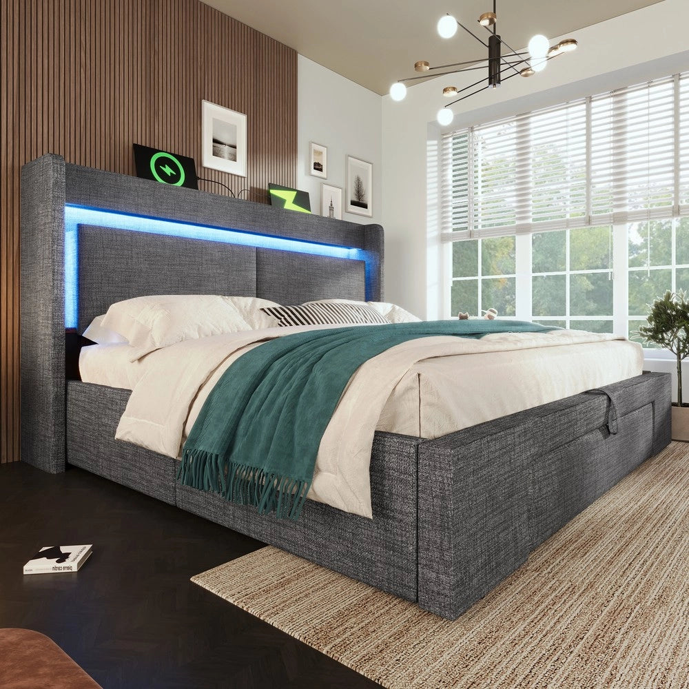 Letto Imbottito Contenitore 180x200 con LED, USB e Testiera ¨C MINIMAL ¨C Grigio, Tessuto Lino, Idraulico