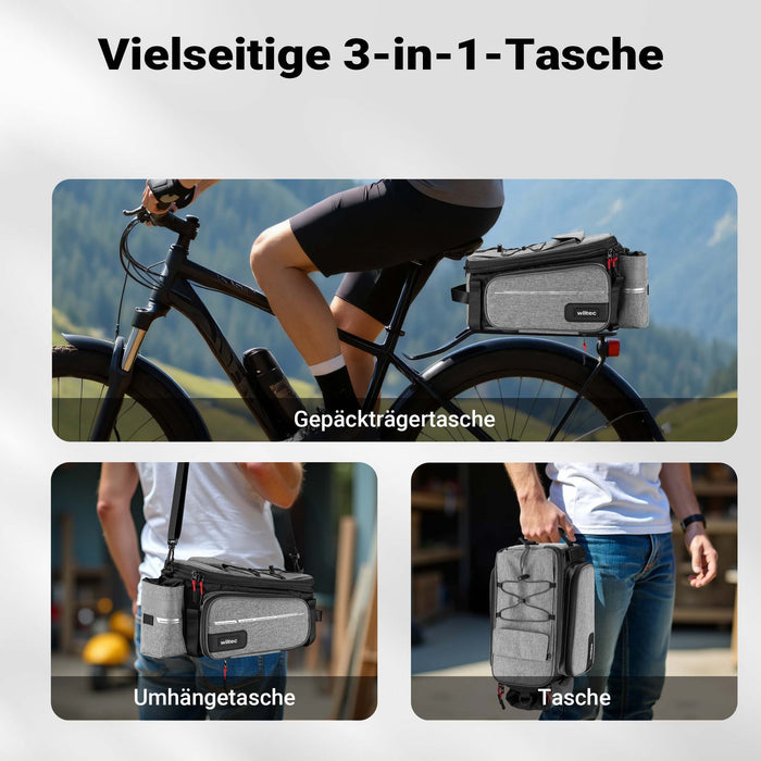 Borsa per portapacchi posteriore bici espandibile fino a 20 L nera, impermeabile e multiuso, scomparto laptop ed elementi riflettenti