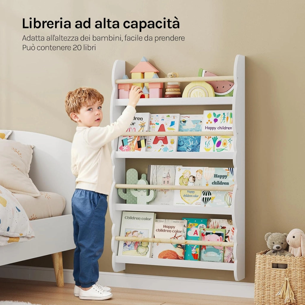 Libreria da Parete per Bambini, Piccola Libreria Frontale a 4 Ripiani in Legno, Scaffale Porta Libri a Muro per Cameretta, Bianco, 60x14,5x98 cm