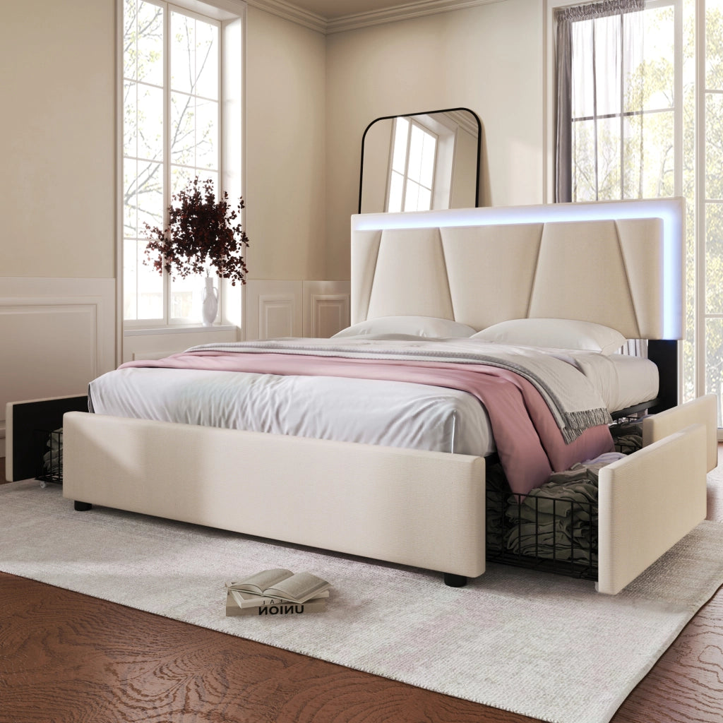 Letto matrimoniale 160 × 200 cm con LED, 4 cassetti, testiera regolabile, materasso incluso, beige
