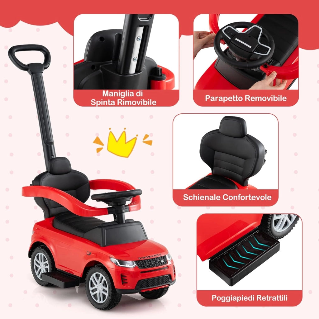 3 in 1 Auto a Spinta, Macchinina a Pedale con Manico Removibile e Paracolpi, Clacson e Suodo di Avvio, Macchina Cavalcabile per Bambini 18-36 Mesi (Rosso)