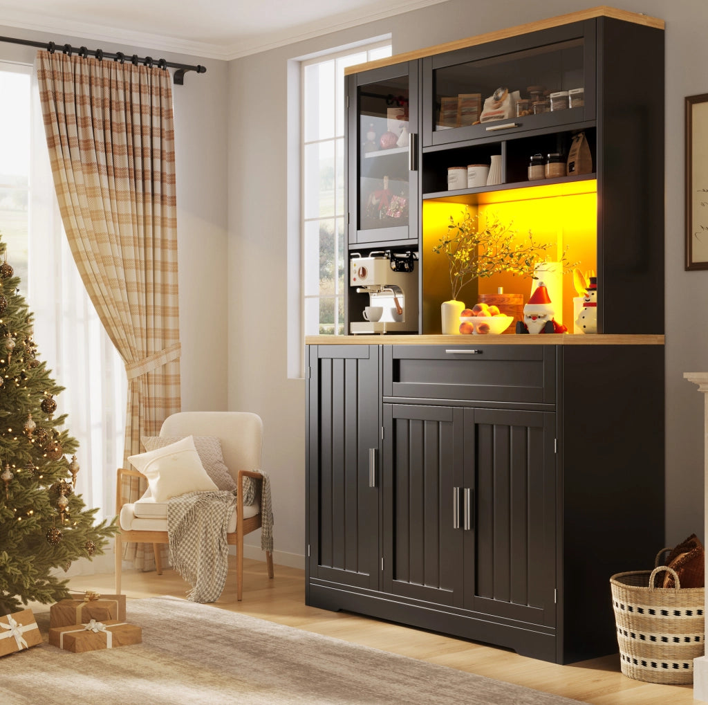 Mobile alto da cucina con LED 104x40x180 cm con ante in vetro, 3 ante e cassetto nero HAVRYA