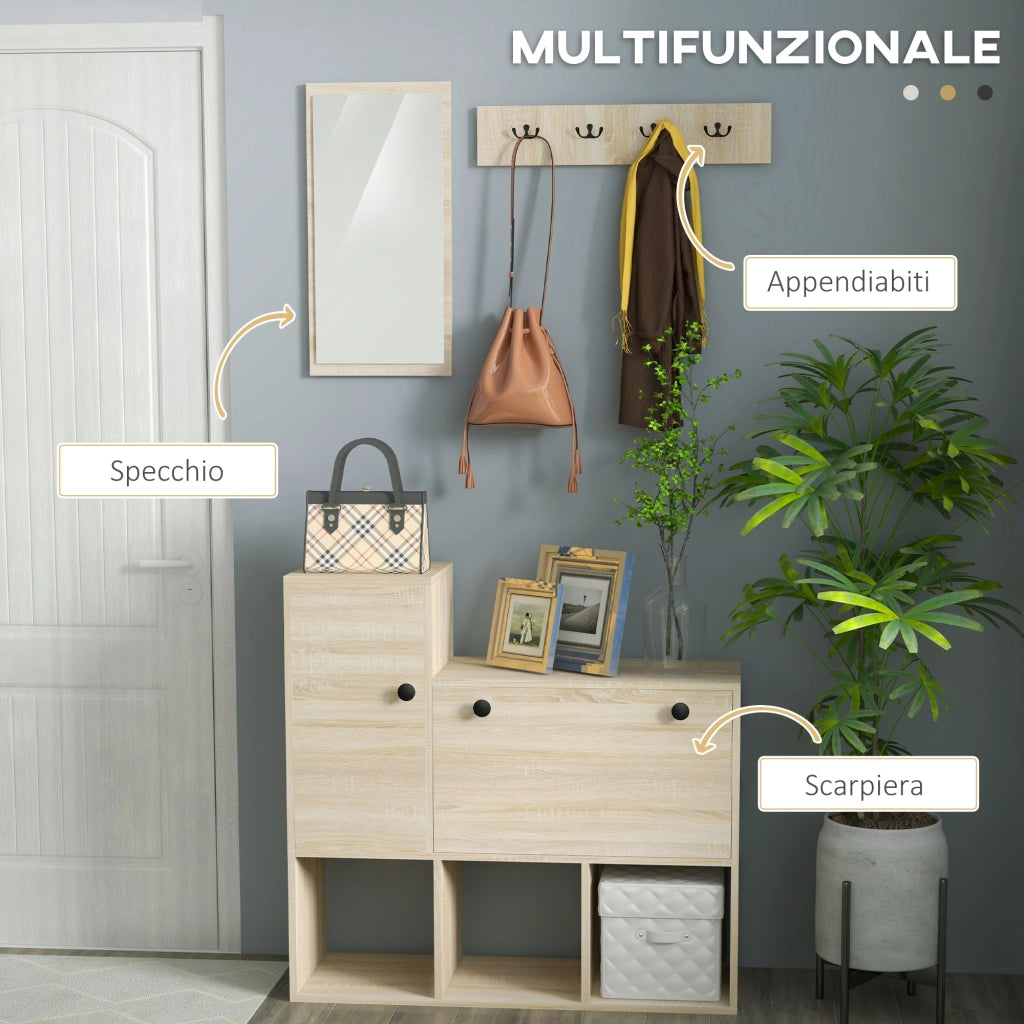 Easycomfort Set da Ingresso con Attaccapanni a Muro 4 Ganci, Scarpiera per 9 Scarpe, Armadietto e Specchio