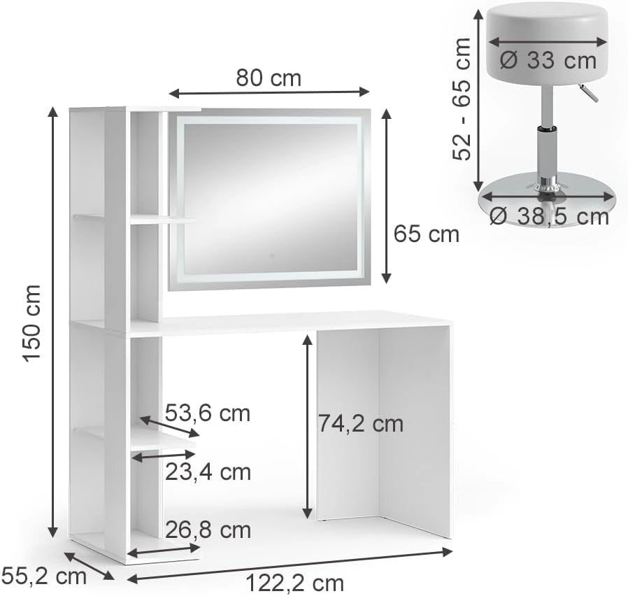 Vicco Tavolo da toilette Tower, Bianco, 122.2 cm con illuminazione e sgabello, Superfici decorative per profumi e oggetti preferiti