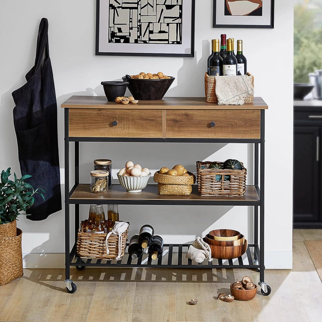 Carrello da Cucina e Mobile Cucina Salvaspazio con 2 Cassetti e 2 Ripiani – Mobiletto con Ruote Stile Industriale, Credenza Compatta per Ingresso, Cucina o Soggiorno 100x45x93cm FKW112-PF