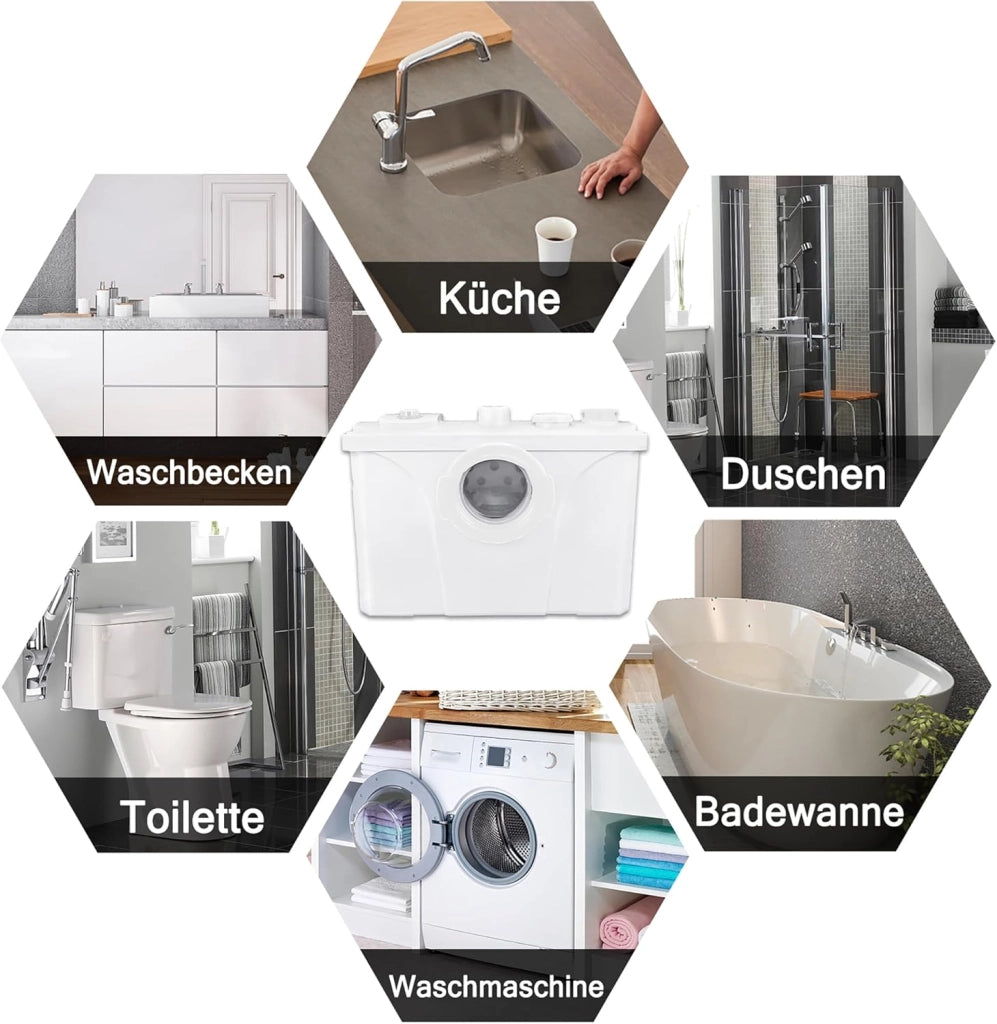 Impianto di sollevamento, 700 W, pompa sanitaria, 180 l/min, impianto di sollevamento piccolo, pompa per feci con filtro ai carboni attivi, lame in acciaio inox e 3 ingressi per WC, lavandino e