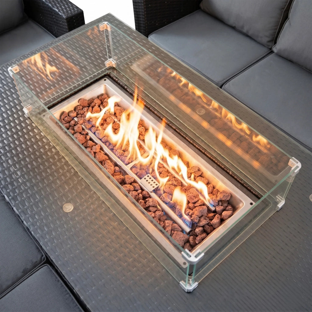 Set Giardino Rattan 11 Posti Nero Divani Sgabelli Tavolo Firepit