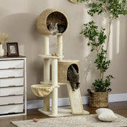 Albero Tiragraffi per Gatti con Cuccia in Rattan, Hамaca, Piattaforme Multiple e Antiribaltamento, Beige