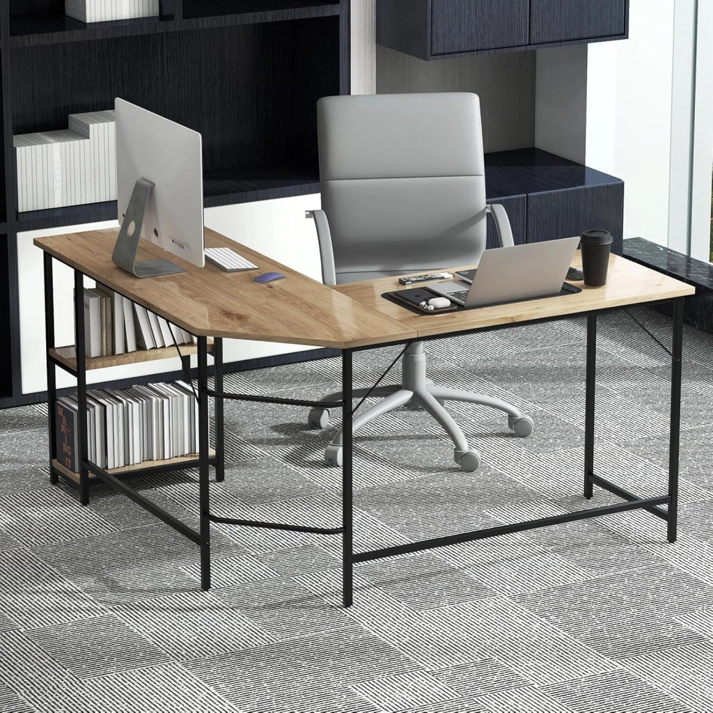 Scrivania Angolare 138 CM, Scrivania ad Angolo con 2 Prese, 2 Porte USB, Telaio in Acciaio al Carbonio e Ripiano a 2 Livelli Rimovibile, Scrivania Salvaspazio da Ufficio e Casa (Legno)