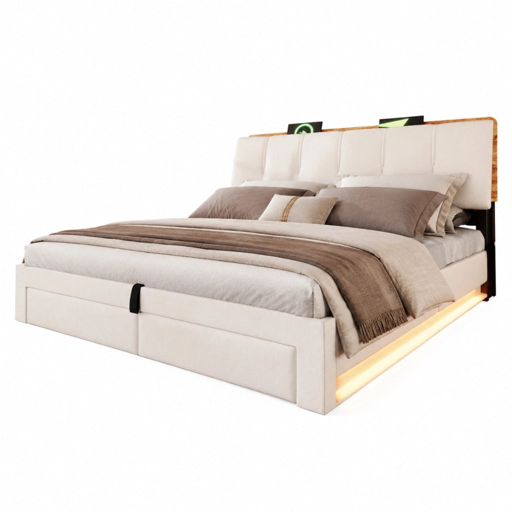 Letto imbottito 180x200 cm con vano contenitore idraulico; USB/Type-C; LED; lino beige