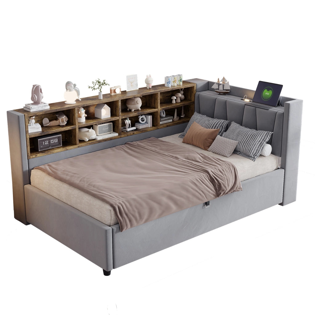 Letto imbottito singolo 90×200 cm con contenitore; luce notturna; USB; Type-C e ripiani; senza materasso; velluto; grigio