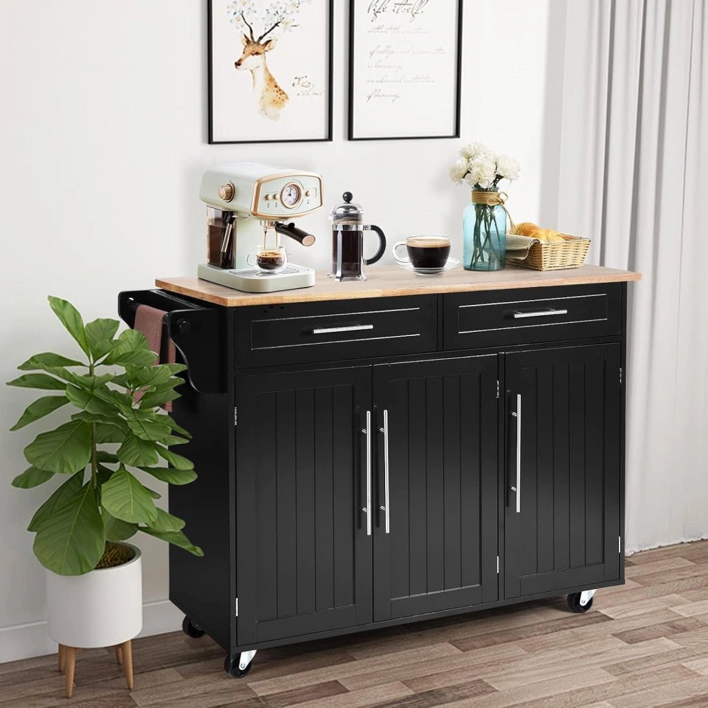 Carrello da Cucina, Carrello di Servizio con Ruote e Maniglia, 3 Ante e 2 Cassetti, Ideale per Cucina Ristorante Bar, 122x46x92,3 cm (Nero)