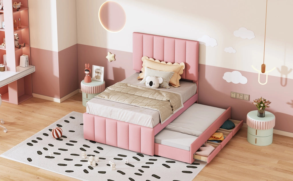DESMIU Letto estraibile singolo con 3 cassetti e testiera regolabile 90 × 200 e 90 × 190 cm, senza materasso, rosa