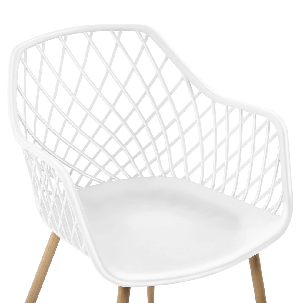Set di 2 sedie da pranzo Seduta sintetica bianca Gambe in metallo in legno chiaro Schienale aperto in rete Soggiorno moderno Stile scandinavo