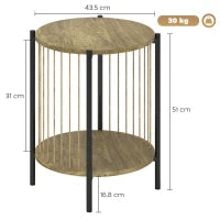 Tavolino Rotondo a 2 Livelli con Ripiano e Struttura in Acciaio per Soggiorno Camera da Letto 43,5x43,5x51 cm Naturale