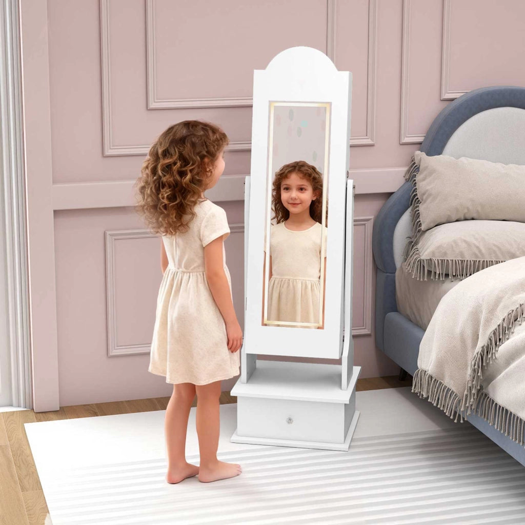 Armadietto gioielli bambini luci specchio figura intera 2 angoli inclinabili-Organizzatore armadio principessa camera sala giochi Bianco