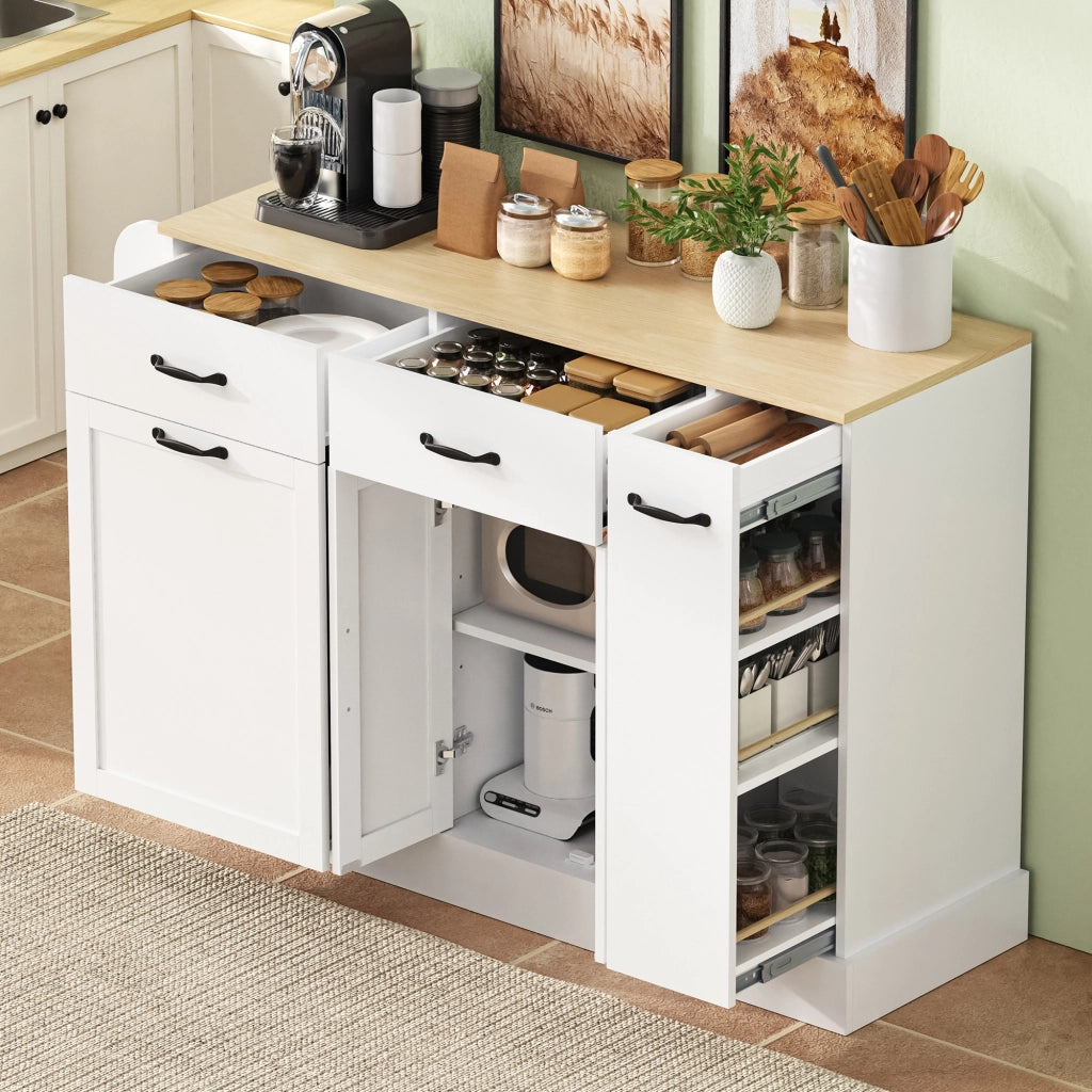 Credenza con ripiani aperti e vano rifiuti; per cucina e sala da pranzo; in MDF; bianco