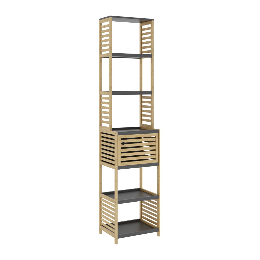 Scaffale da Bagno Kydesby in Bambù con 5 Ripiani Aperti e Scomparto ad Anta 170 x 39 x 30 cm - Naturale / Grigio [en.casa]