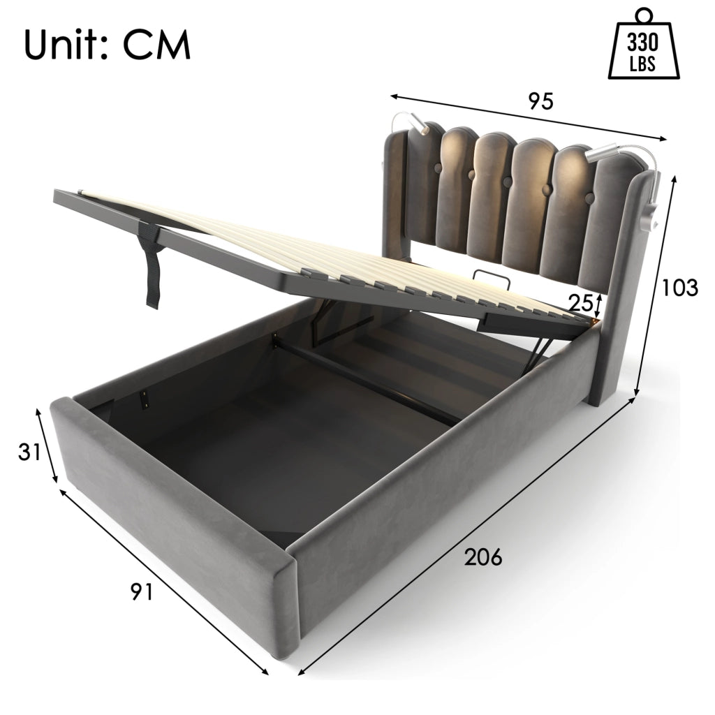Letto imbottito 90x200 cm grigio in velluto con materasso, luce LED USB e contenitore