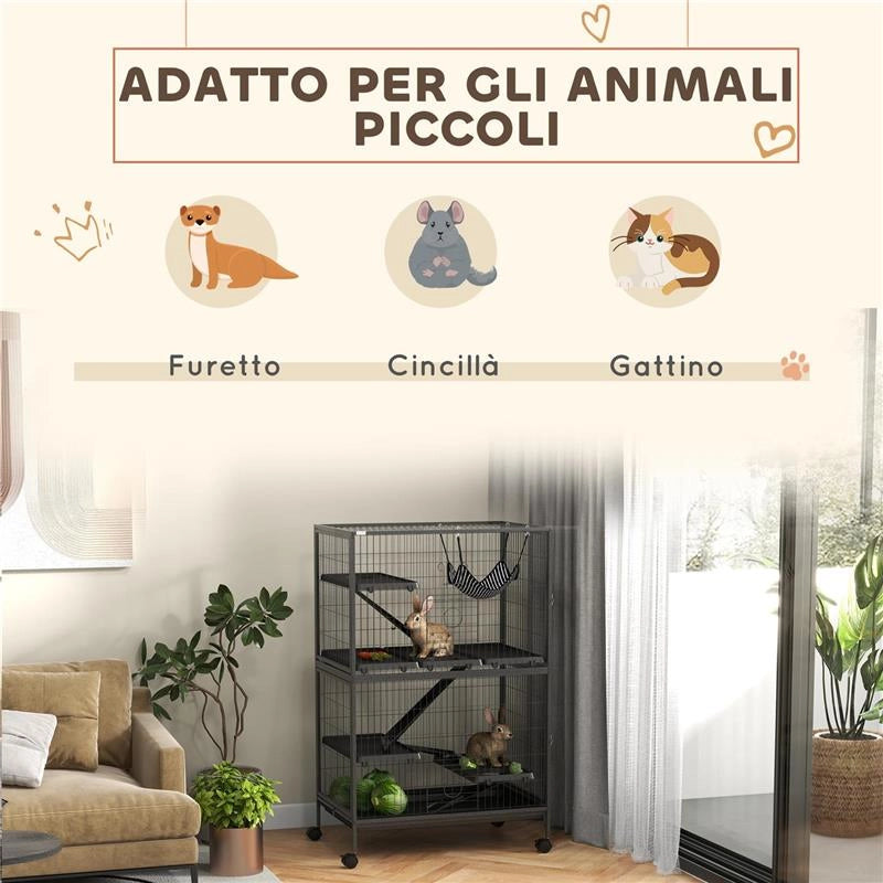 GABBIA PER RODITORI CON 4 INGRESSI A LIVELLI MULTIPLI CON AMACA, IN METALLO E PP, 80X52X128 CM, ARGENTO E GRIGIO
