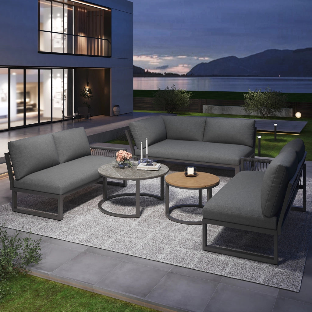 Set lounge da giardino a 5 pezzi con divano angolare, tavolini, struttura in metallo zincato e cuscini grigio