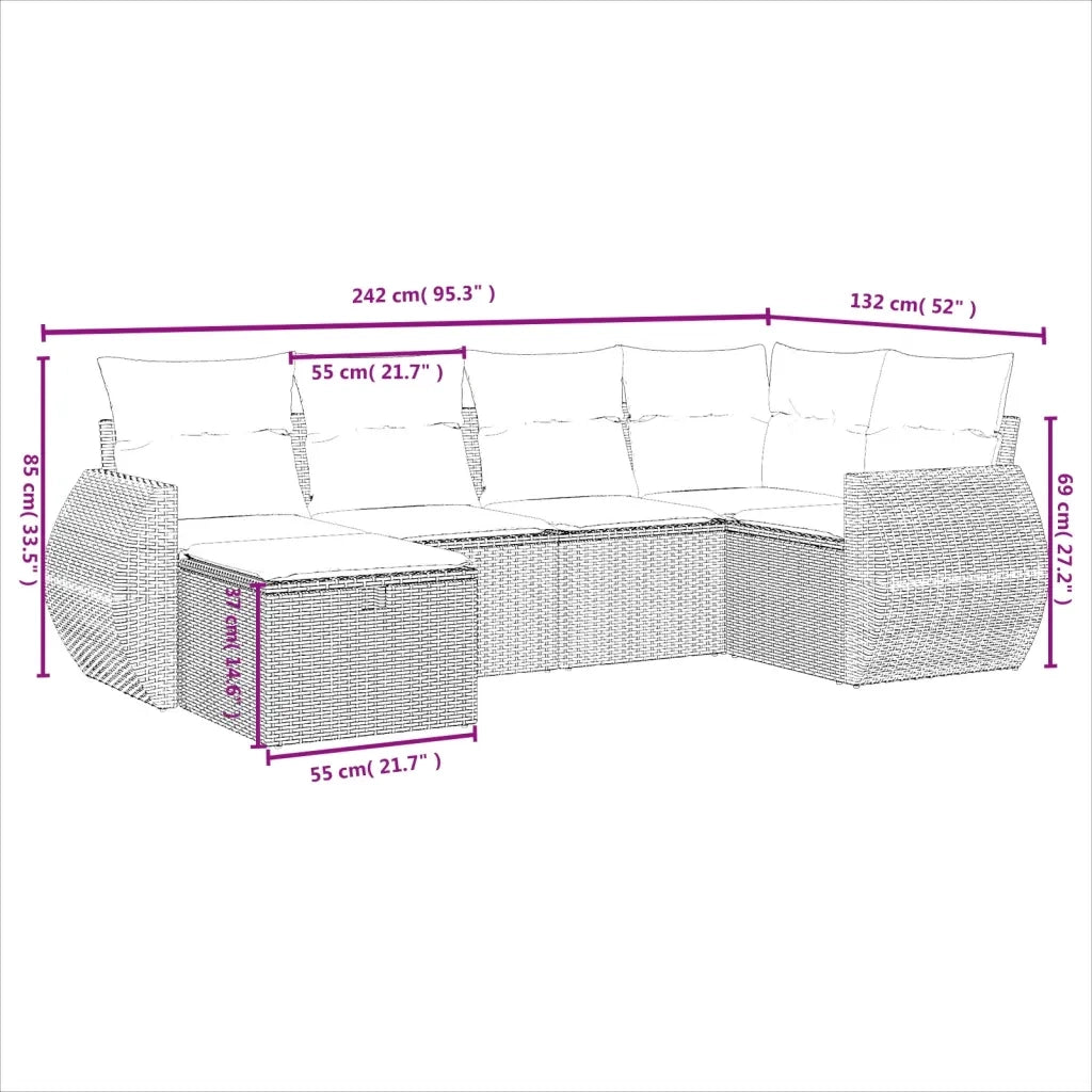 Set Divano da Giardino 6 pz con Cuscini Nero in Polyrattan 3264102