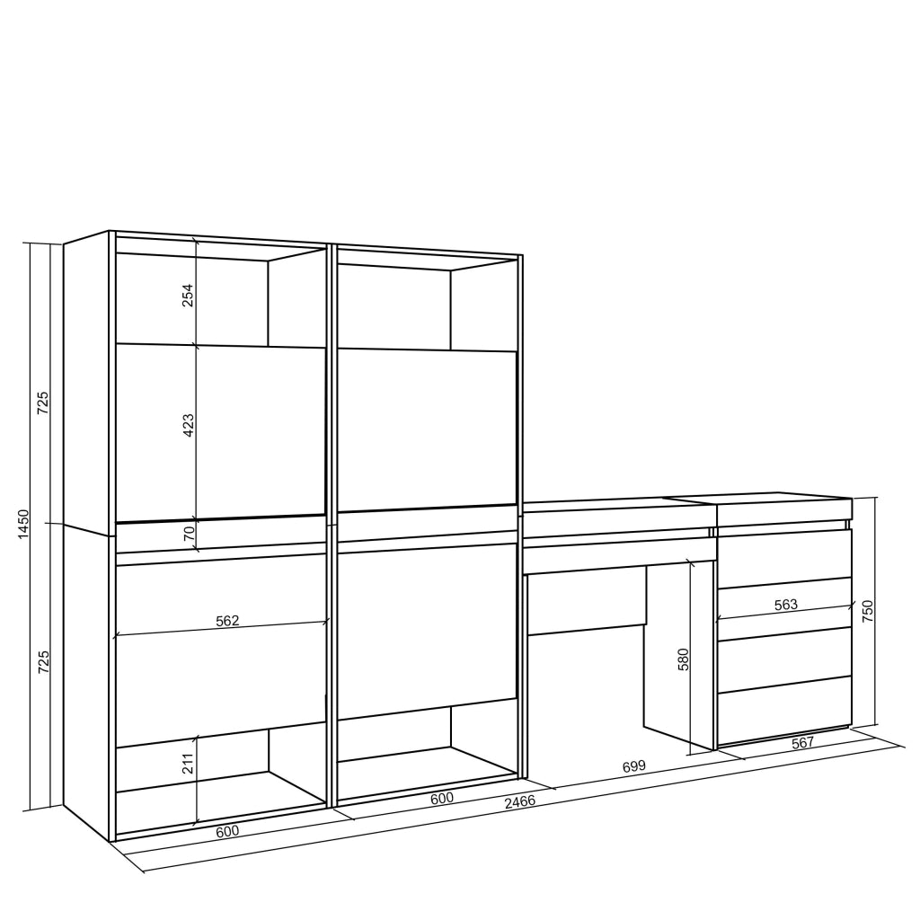Scarpiera, 247x35x145cm, Camera da letto, Cassettiera, Tavolo da toeletta, colore Rovere RF3547
