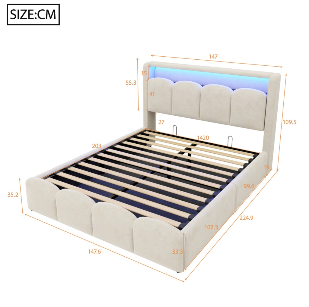 Letto matrimoniale imbottito 140x200 cm in velluto beige con LED; USB e contenitore idraulico