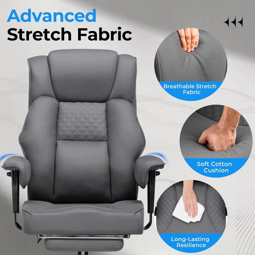 Sedia da gaming, ampia sedia da ufficio in tessuto di alta qualità, ergonomica, sedia da scrivania regolabile e girevole con poggiapiedi, 180 kg, grigio