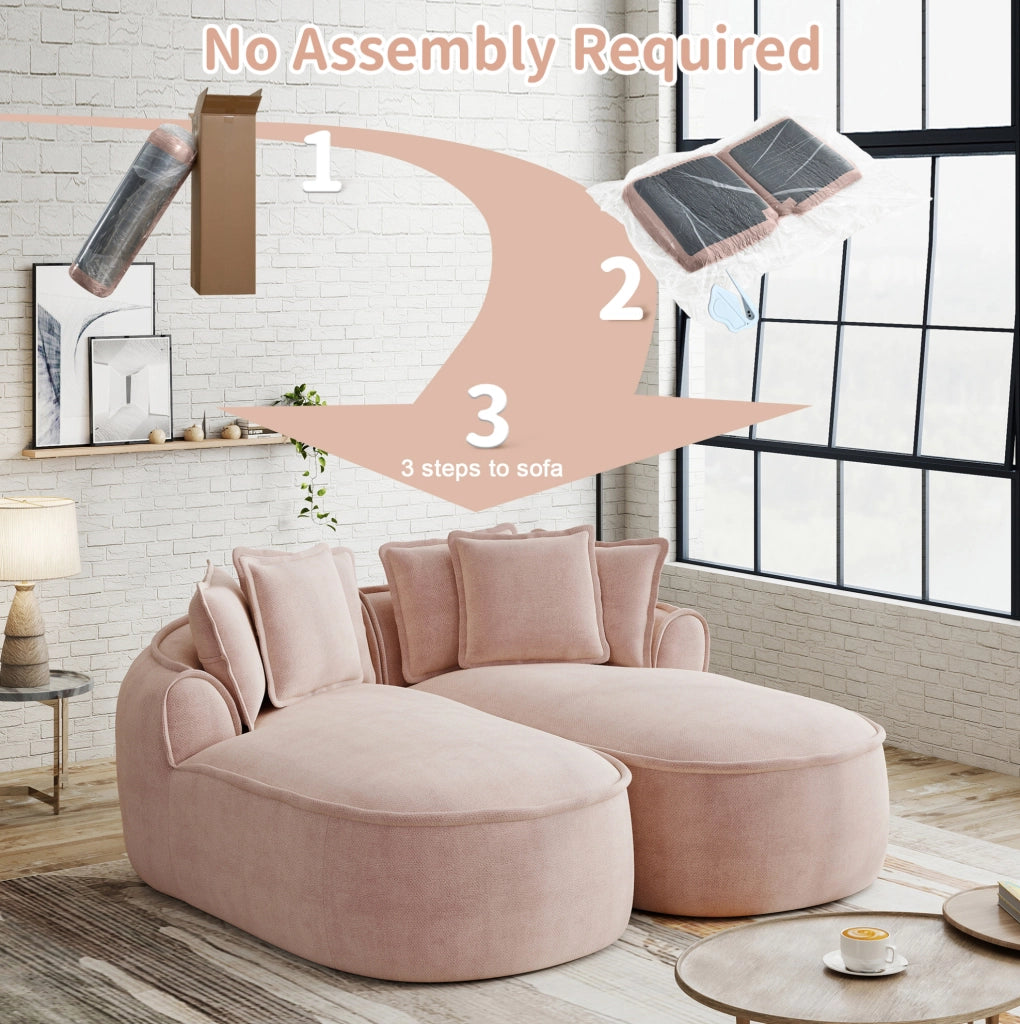 Divano modulare doppio in tessuto chenille rosa con chaise longue extra profonda e cuscini inclusi