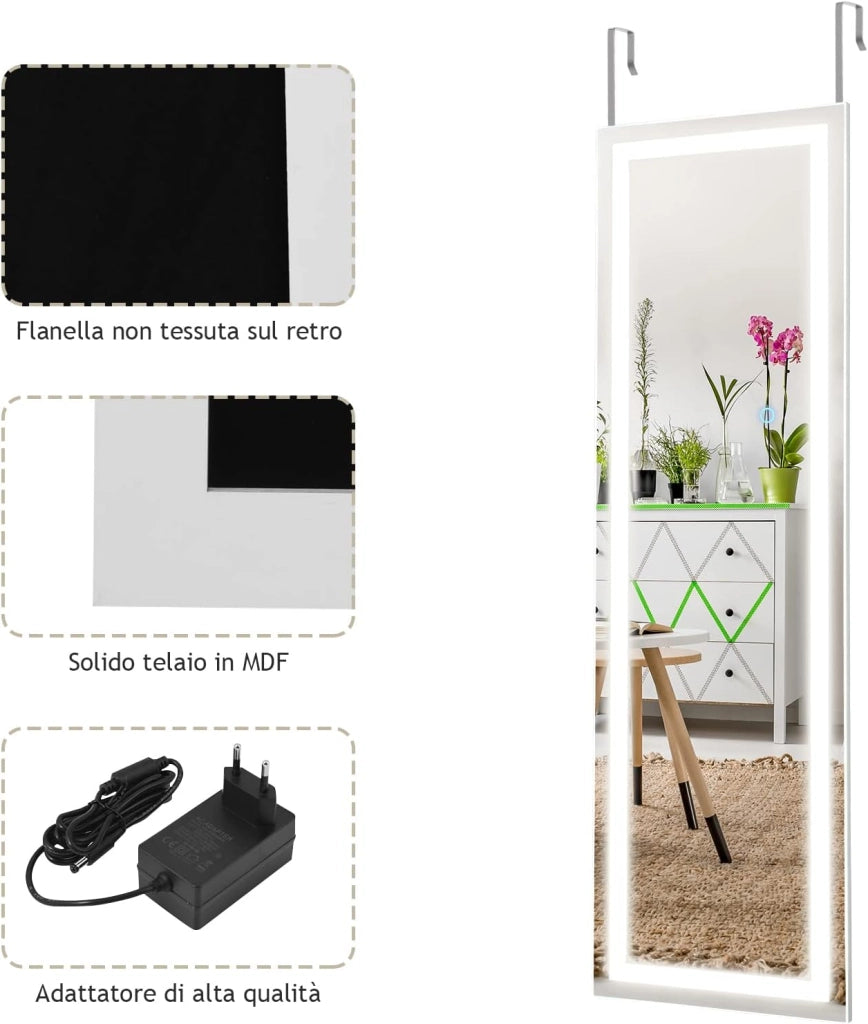 Specchio a Figura con Luci LED, Specchio sulla Porta o sul Muro, 3 Colori Luce Regolabile, Ideale per per Camera da Letto Salone Spogliatoio, 120x37cm, Bianco