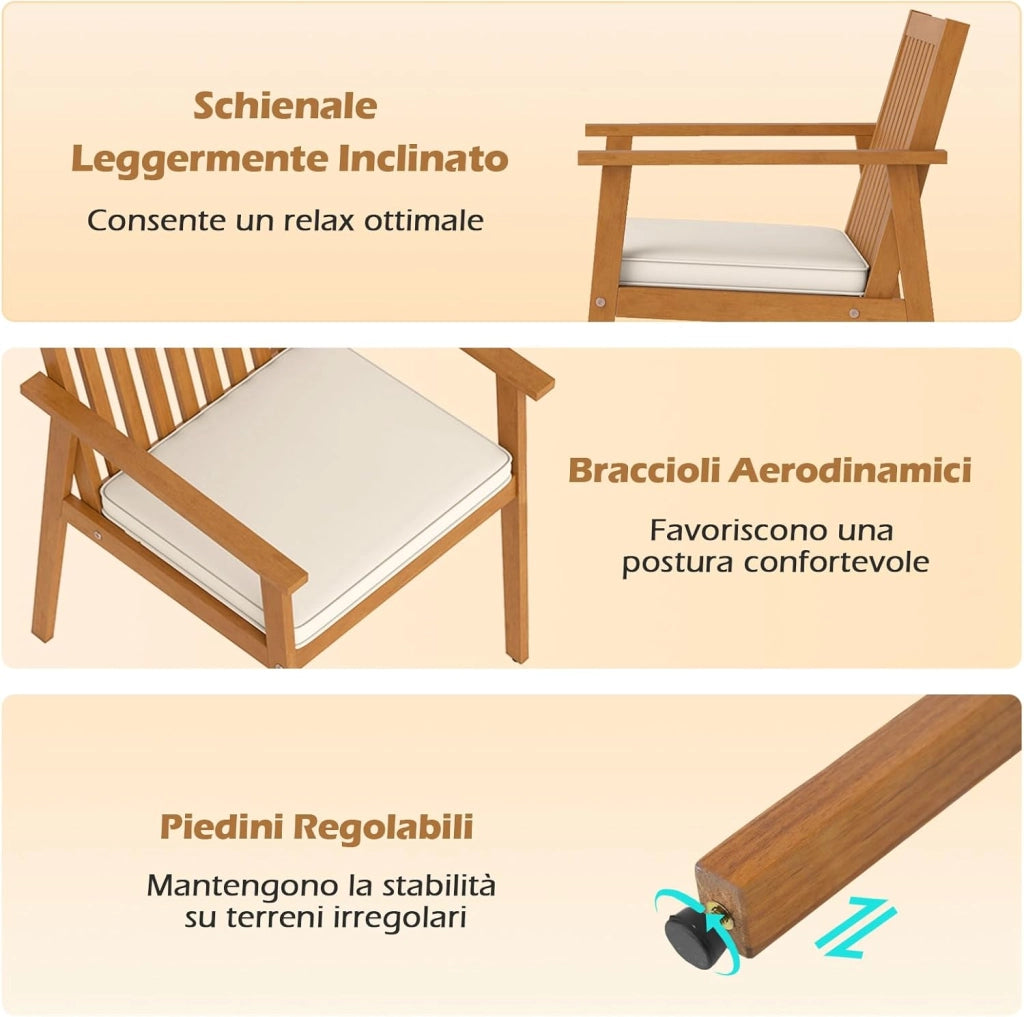 Set 2 Sedie da Giardino, Poltrone in Legno di Acacia per Esterno, con Cuscino, per Giardino Patio Cortile, Portata 180 kg, 64 x 59 x 86 cm (Giallo Teak)