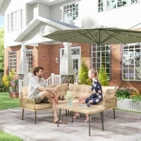 Salotto da Giardino in Rattan 2 Divanetti e Poltrona Angolare con Cuscini, Tavolino in Vetro, Colore Legno