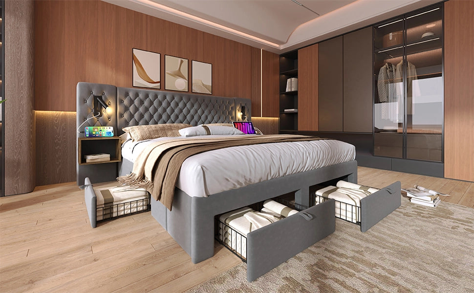 DESMIU Letto Matrimoniale 160 × 200 cm con 2 comodini, 4 cassetti, luci lettura, USB e Type-C, senza materasso, velluto grigio