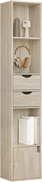 Libreria Scaffale Moderna in Legno, Libreria Verticale con 3 Vani Aperti, 2 Cassetti e 1 Armadietto, Mobile Portaoggetti Portalibri da Terra con Ripiano Regolabile, Legno Chiaro, 30x24x158cm
