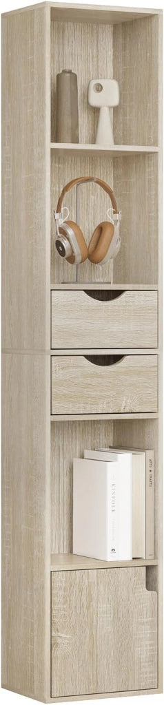 Libreria Scaffale Moderna in Legno, Libreria Verticale con 3 Vani Aperti, 2 Cassetti e 1 Armadietto, Mobile Portaoggetti Portalibri da Terra con Ripiano Regolabile, Legno Chiaro, 30x24x158cm