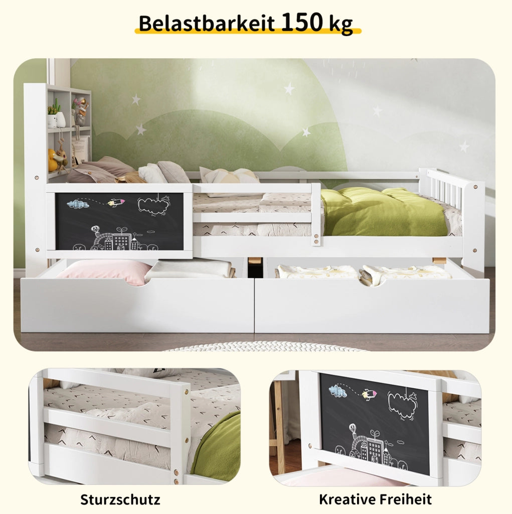 Letto per bambini 90x200 cm in legno massello e MDF; bianco; con lavagna e 2 cassetti