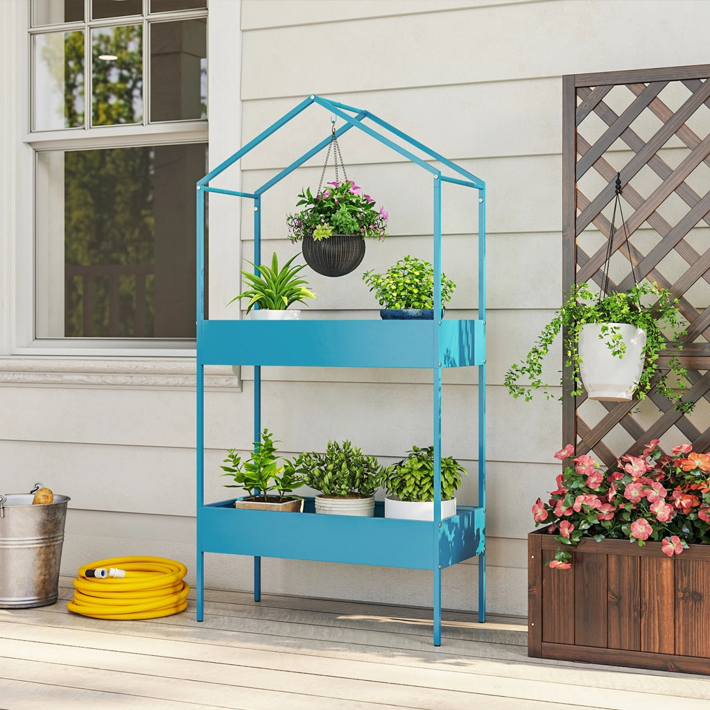 Portavasi a 2 Livelli in Metallo a Forma di Casetta con Gancio, 75x35x150 cm, Blu Verde