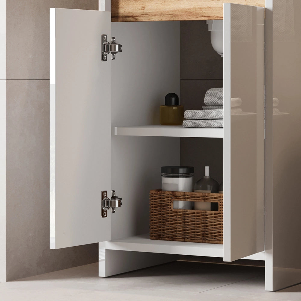 Vicco Set mobili bagno Bianco lucido 2 parti, con lavabo e 2 ante a battente