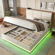 LETTO 140x200 cm in velluto beige con testiera regolabile, LED, USB e vano contenitore