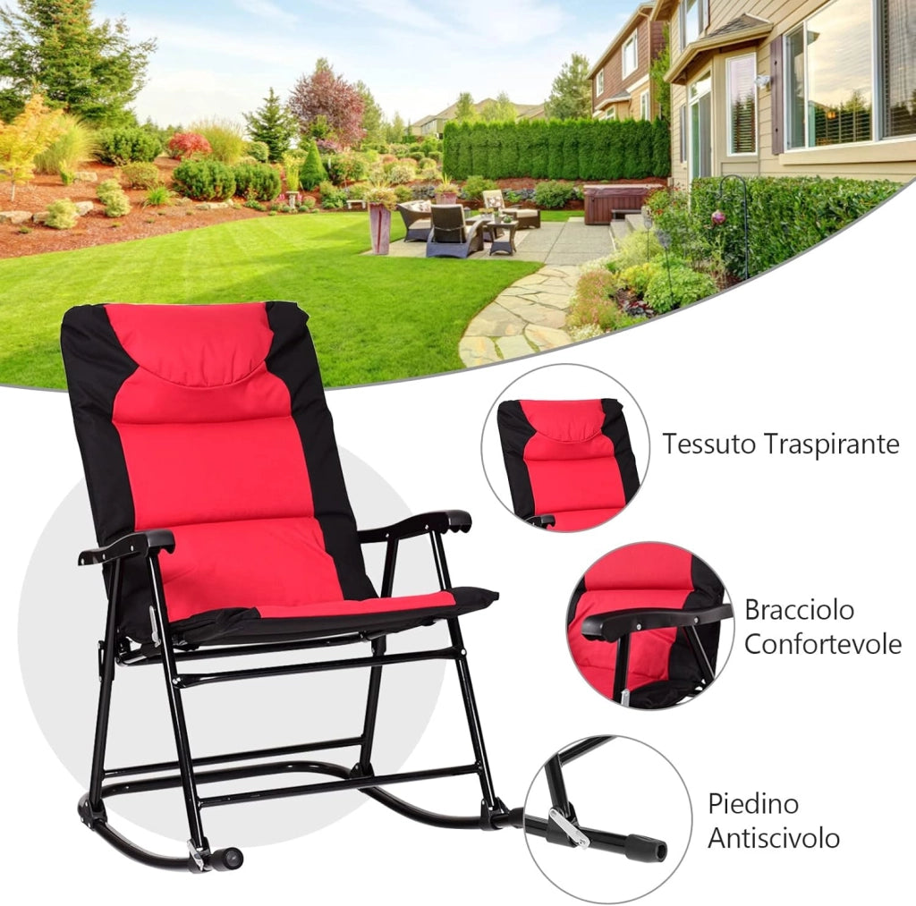 Set di 3 Sedie a Dondolo e Tavolino da Esterno, Sedie e Tavolino Pieghevoli in Vetro e Acciaio, Ideale per Balcone, Giardino e Cortile (Rosso)