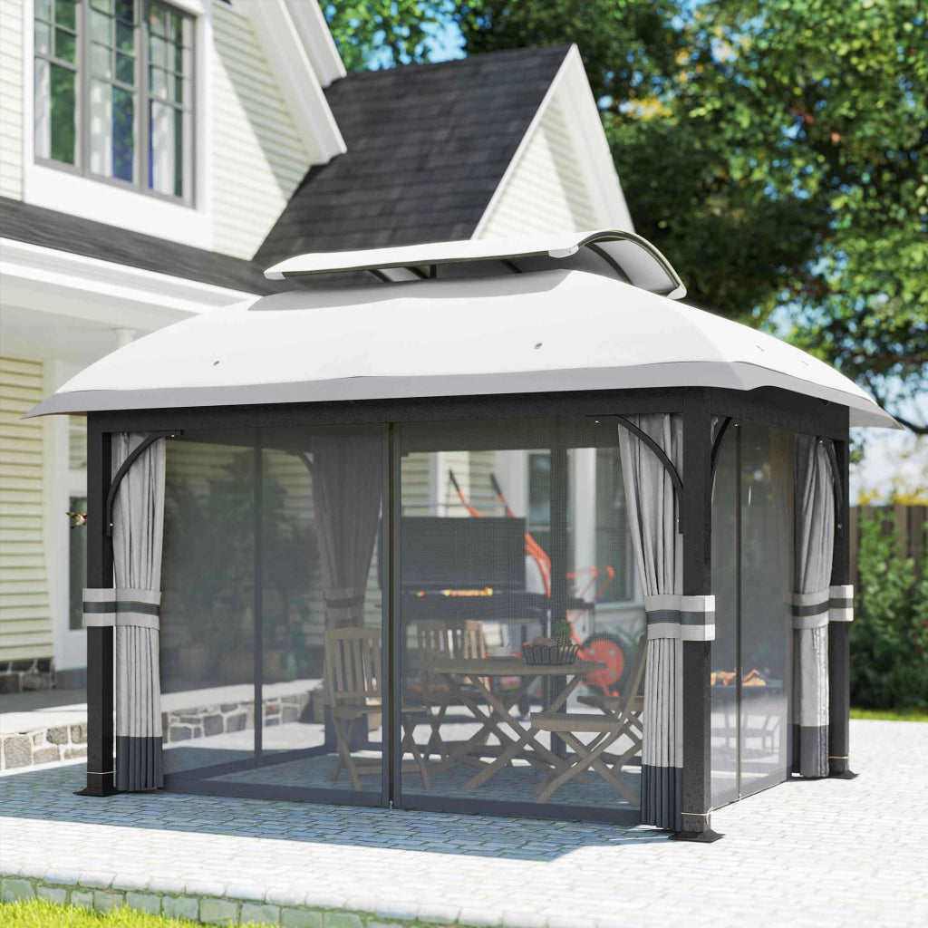 Gazebo da giardino ¨C zephmum ¨C grigio chiaro 330x400 cm con tende in rete