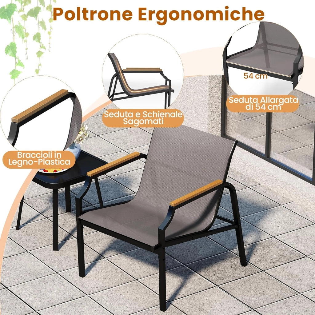 Set da Giardino a 3 Pezzi, Set Mobile da Esterno con Talaio in Metallo, Poltrona e Tavolino Quadrato, Set da Bistro con 2 Poltrone, per Giardino Cortile Piscina