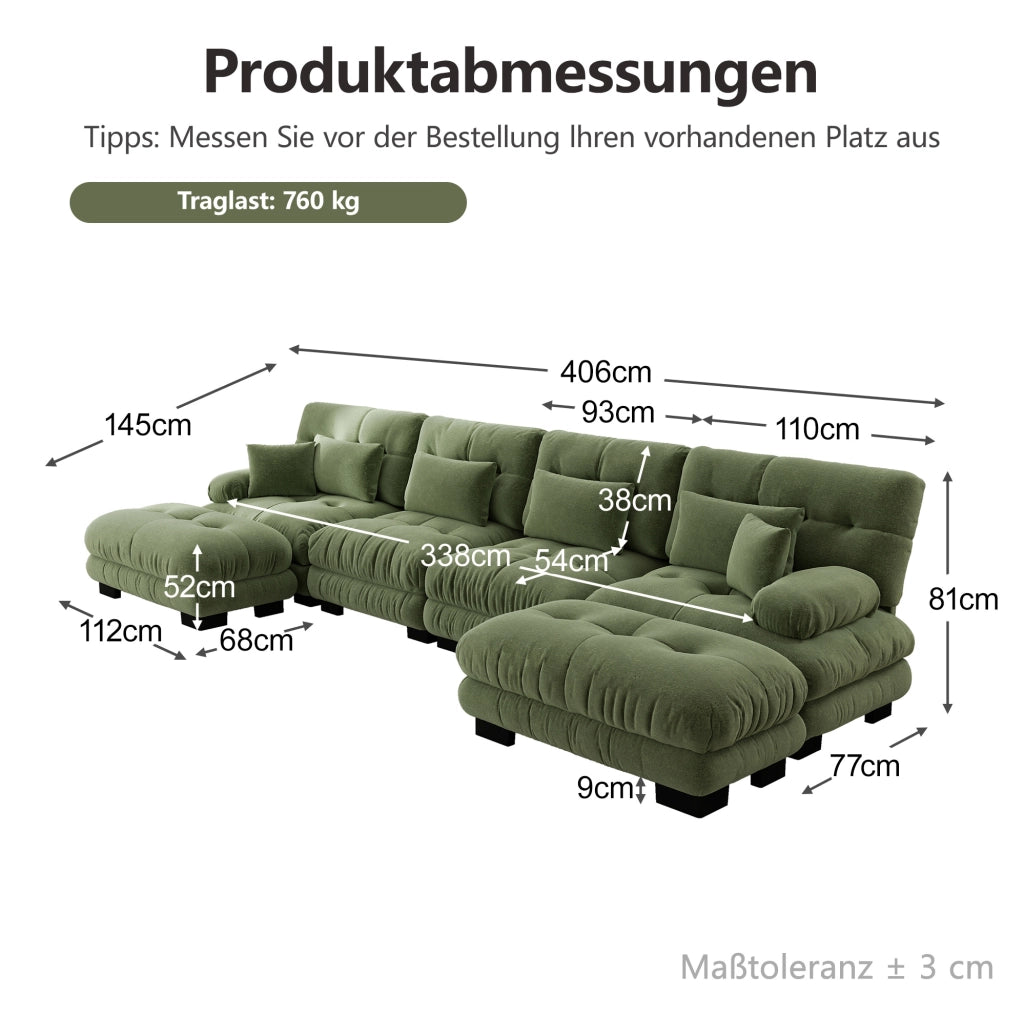 Divano modulare in ciniglia verde con pouf mobili HOMVRA