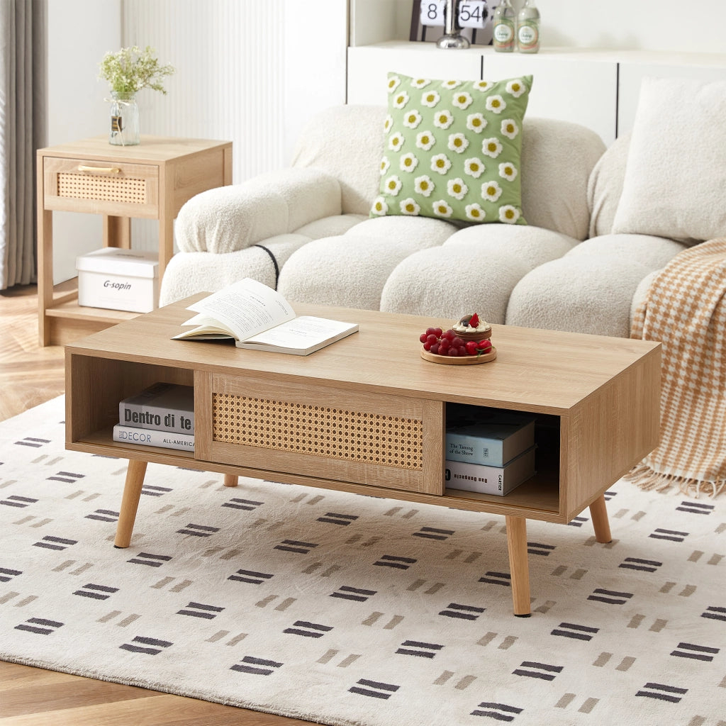 Tavolino da caffè con anta scorrevole; per soggiorno; in MDF; 105×55×40 cm; legno naturale