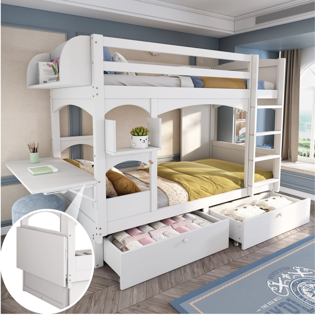 LETTO A CASTELLO con scrivania pieghevole, scaffale e 2 cassetti 90x200 cm Bianco