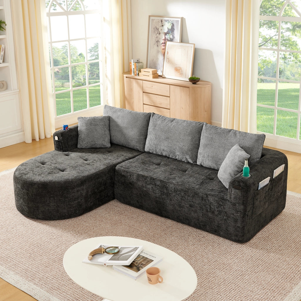 Divano angolare modulare L con portabicchieri in acciaio inox, tasche laterali e lino nero 255 × 170 × 67 cm