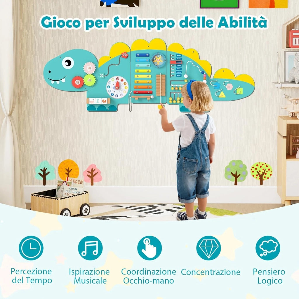 Pannelli da Parete con attività, Busy Board 11 in 1 Montessori in Legno per Sviluppo Sensoriale, Centro di attività Educativo Montato a Parete per Stanza Giochi, Asilo Nido (Dinosauro Verde)