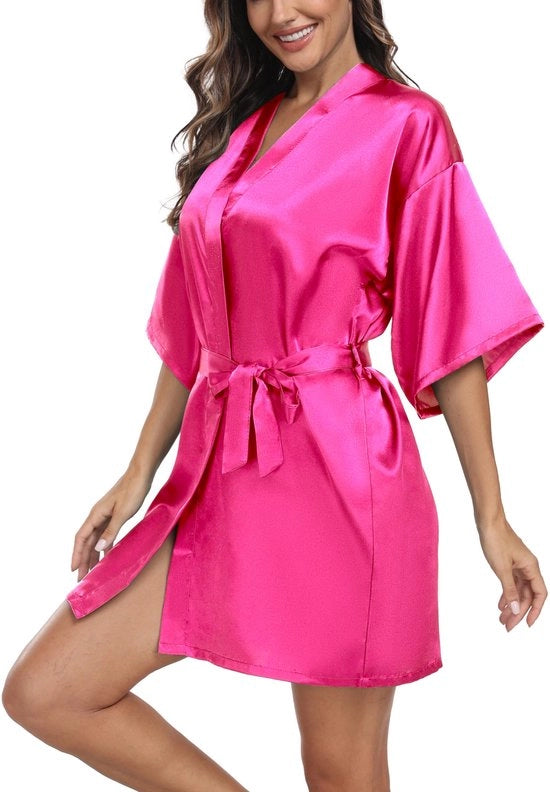 Kimono per donne con inserti satini, camicia da notte, abito da sposa, abito da sera, abito da sera con cintura e V-collo, modello corto